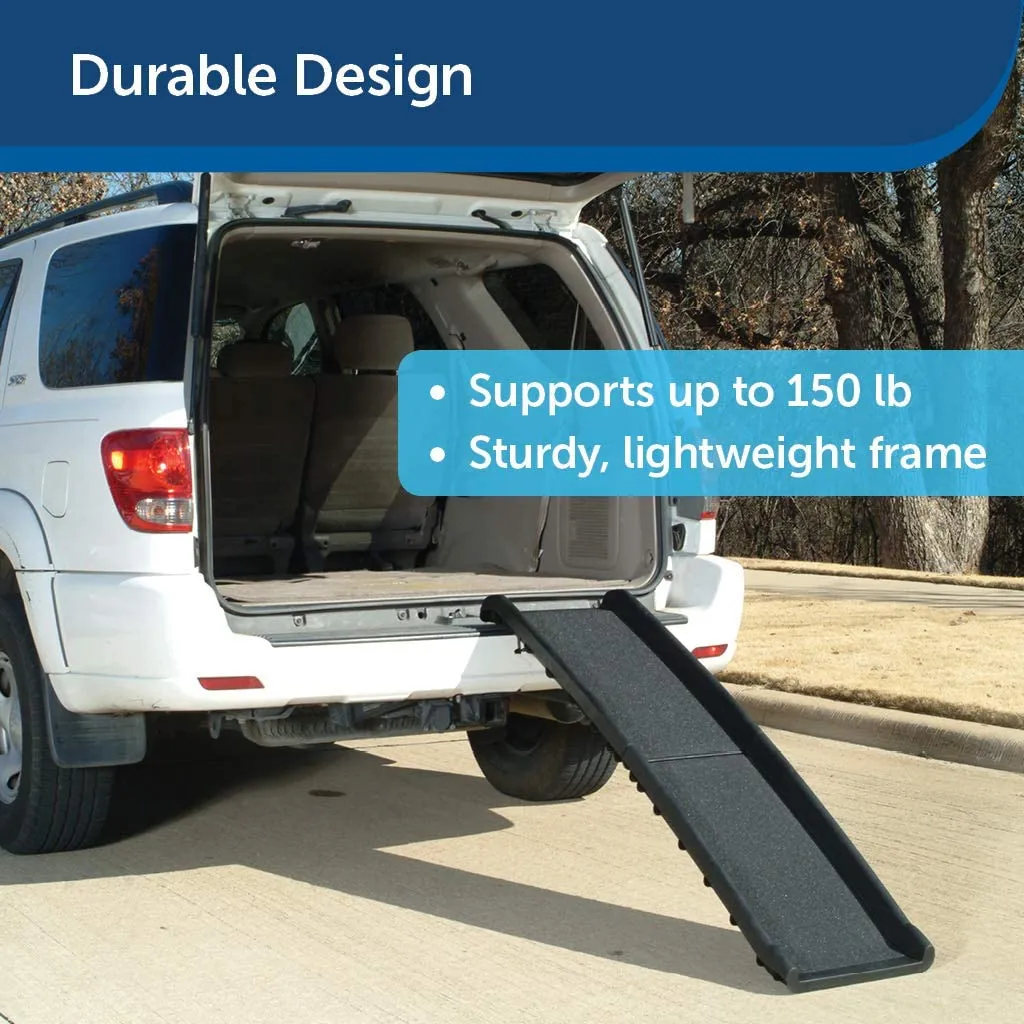 Happy Ride™ Folding Dog Ramp, 62 Inch! Although light, the strong, durable folding ramp can support four-legged friends up to 150 pounds! Retails $150 