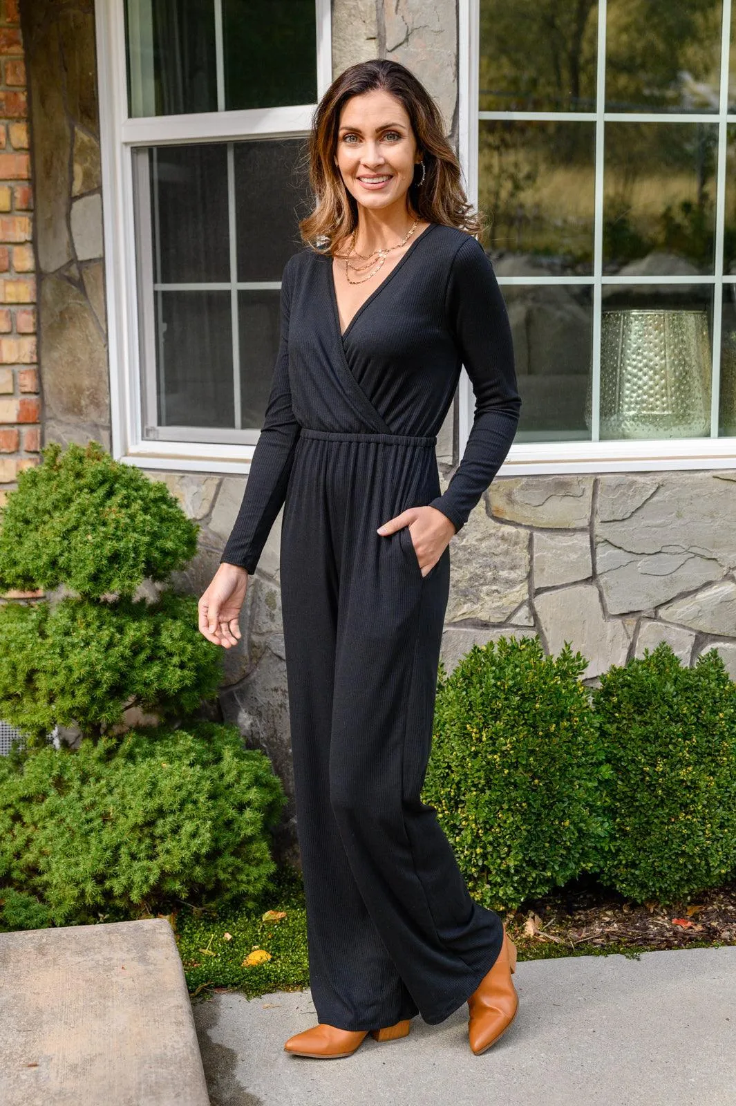 Hazel Blues® | Onward & Upward Faux Wrap Jumpsuit In Black
