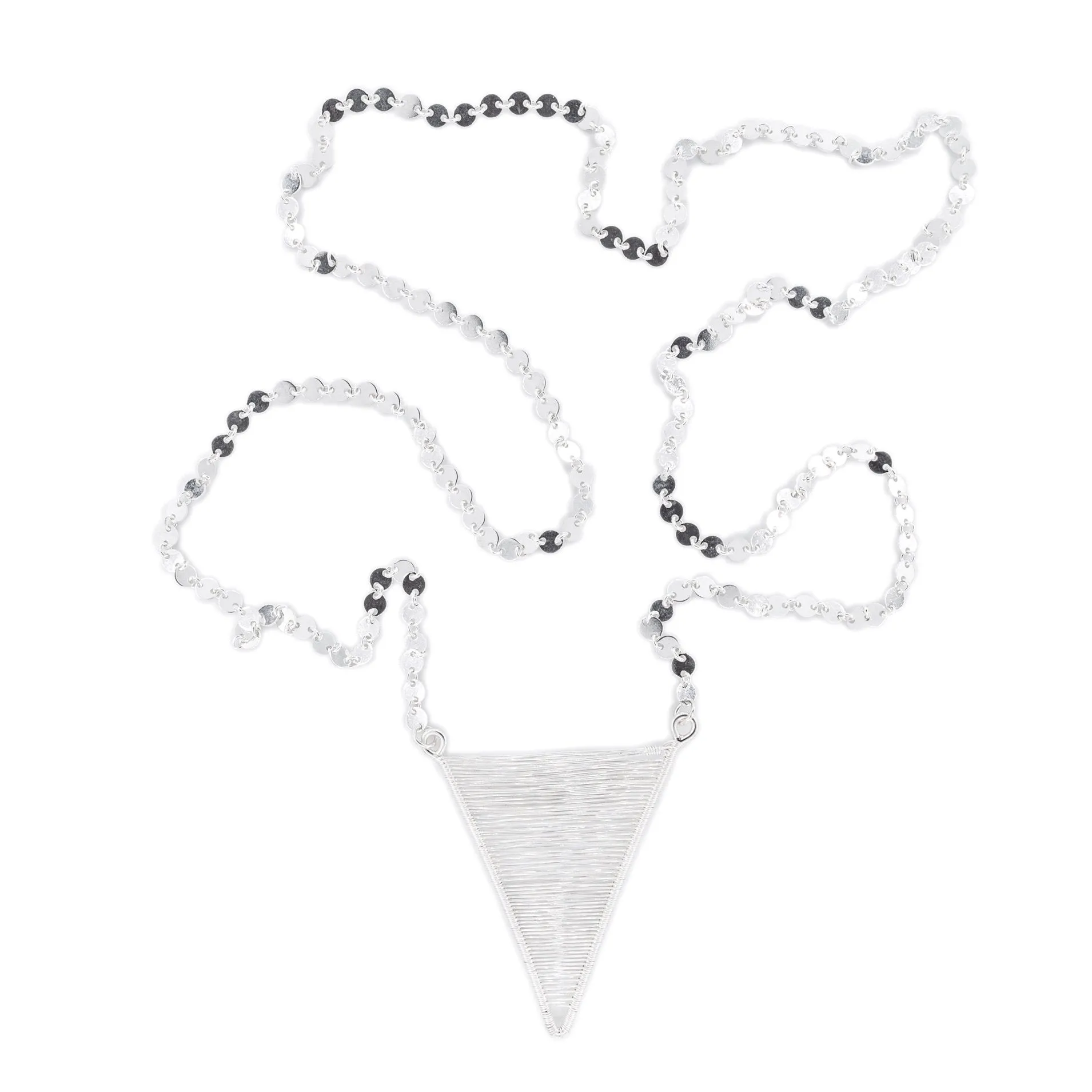 Hepsiba Long Woven Silver Shield Necklace with Disc Chain