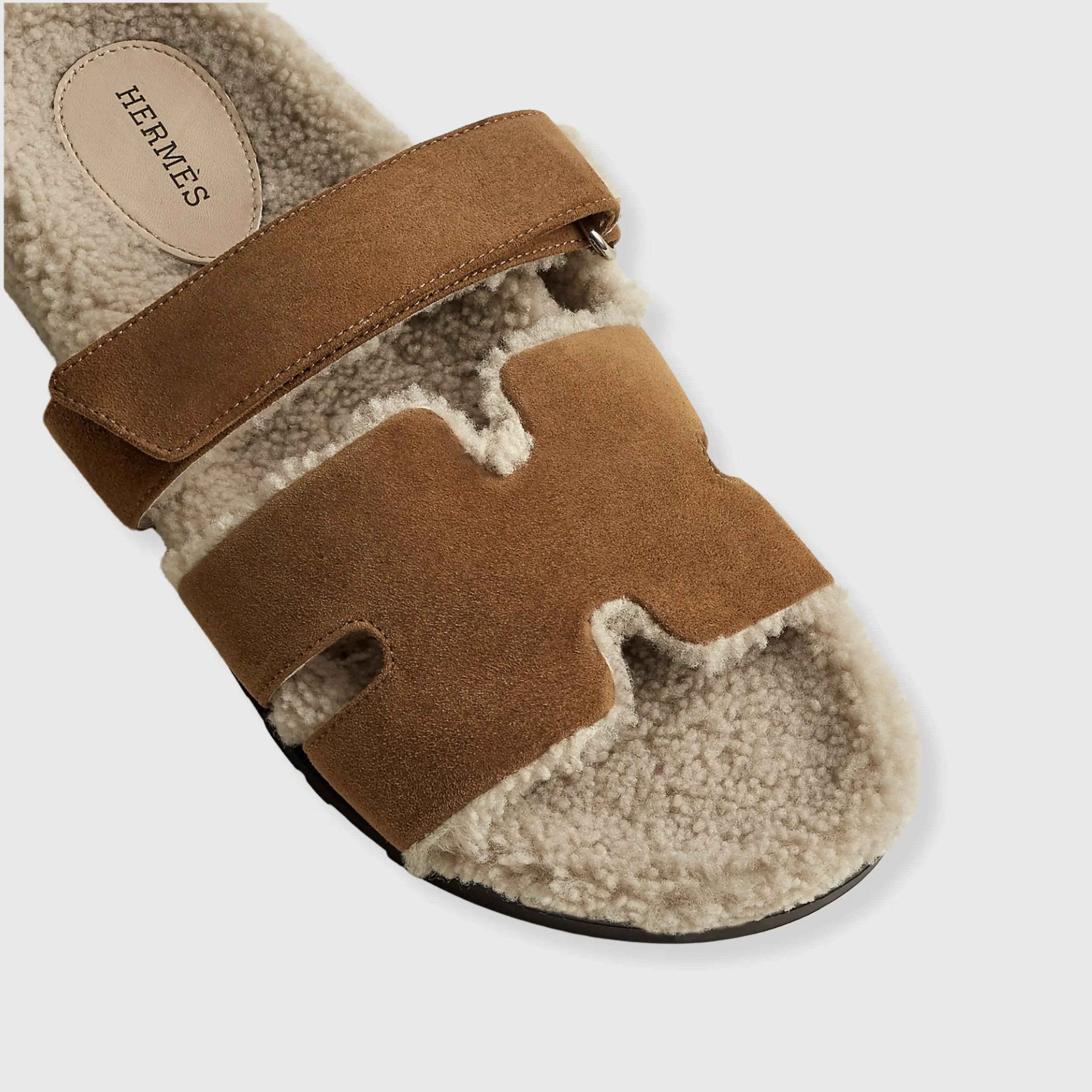 Hermès Chypre Sandals Suede, Shearling Brun Fume/Ecru