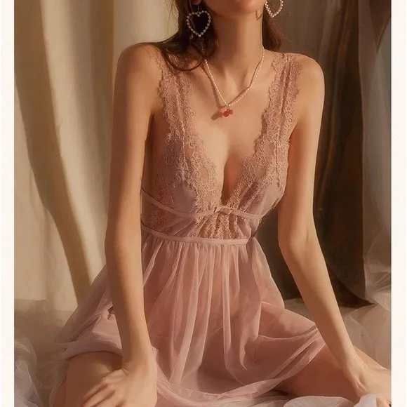 Lingerie slip dress lace open back slit v-neck lavender purple mesh transparent