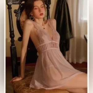 Lingerie slip dress lace open back slit v-neck lavender purple mesh transparent