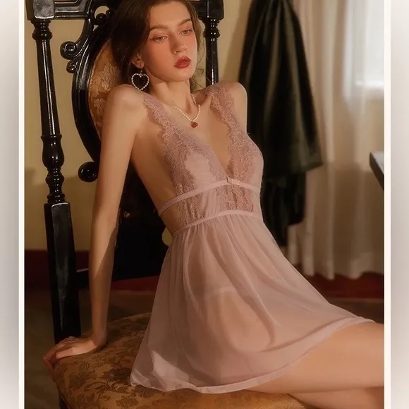 Lingerie slip dress lace open back slit v-neck lavender purple mesh transparent