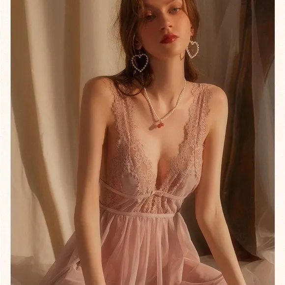 Lingerie slip dress lace open back slit v-neck lavender purple mesh transparent
