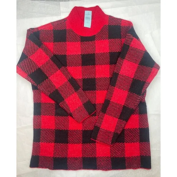LOFT Petite Buffalo Plaid Mock Neck Tunic Sweater M