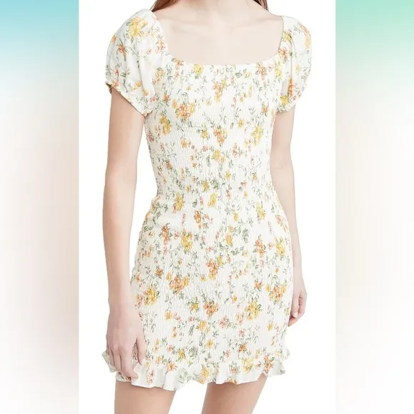 Lost   Wander Big Escape Floral Minidress Smocked Short Puff Sleeve