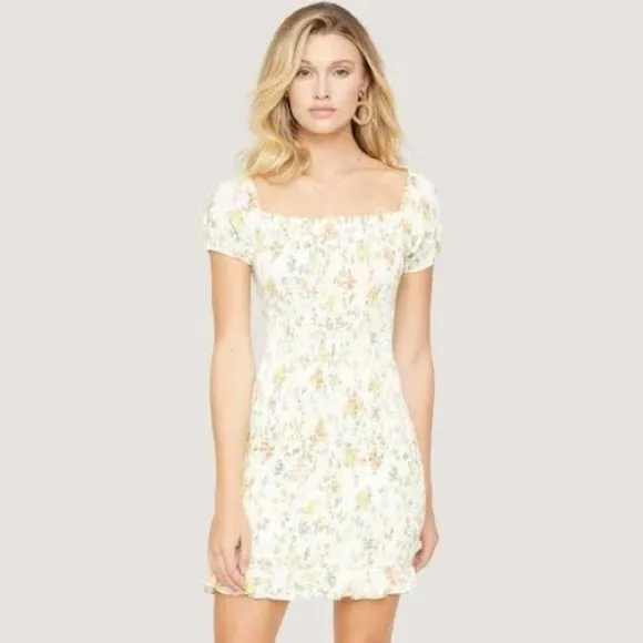 Lost   Wander Big Escape Floral Minidress Smocked Short Puff Sleeve