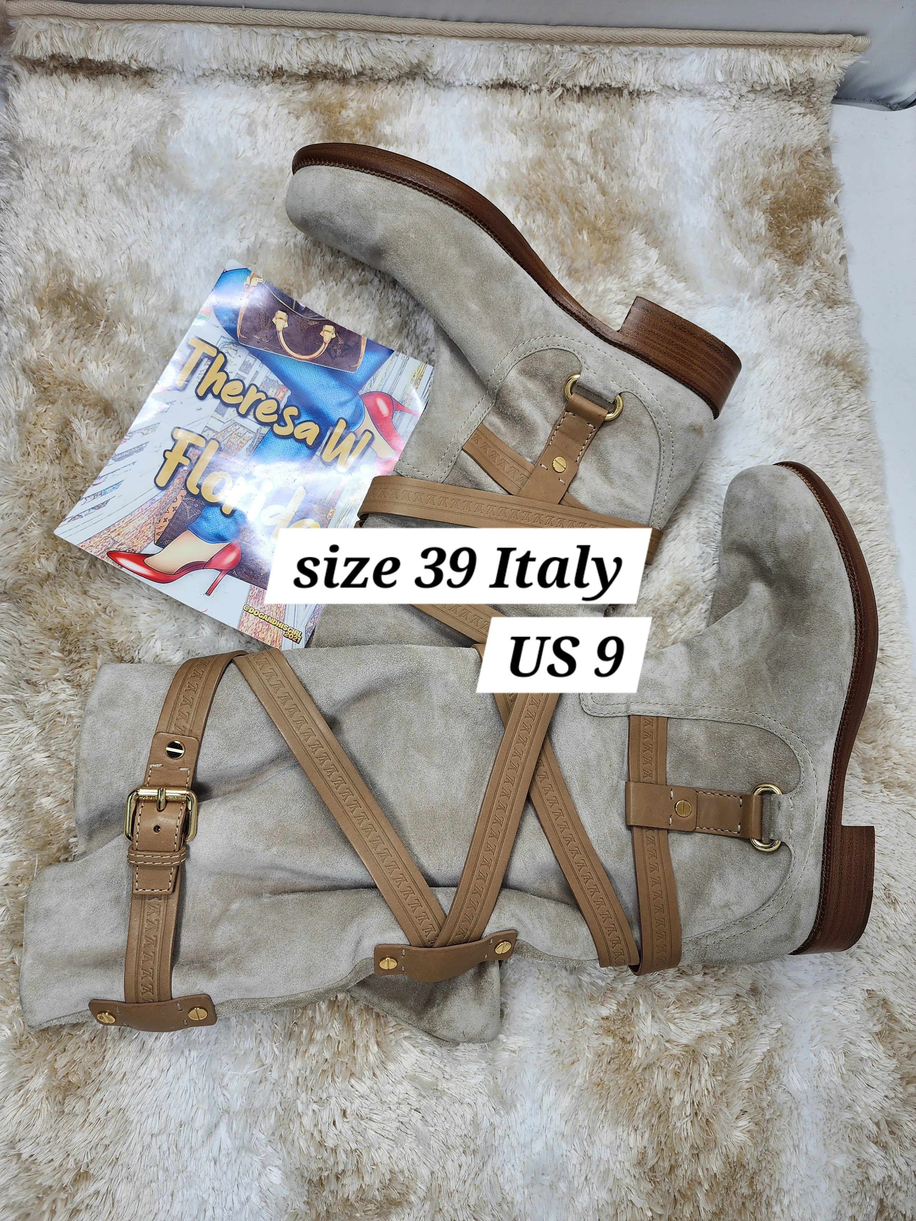 LOUIS VUITTON BEIGE SUEDE CRISS CROSS BUCKLE BOOTS - 39