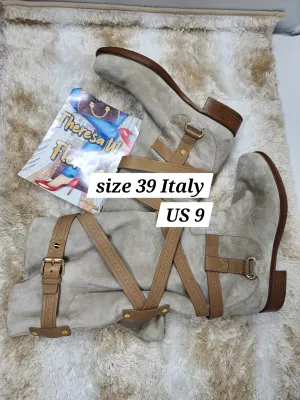 LOUIS VUITTON BEIGE SUEDE CRISS CROSS BUCKLE BOOTS - 39
