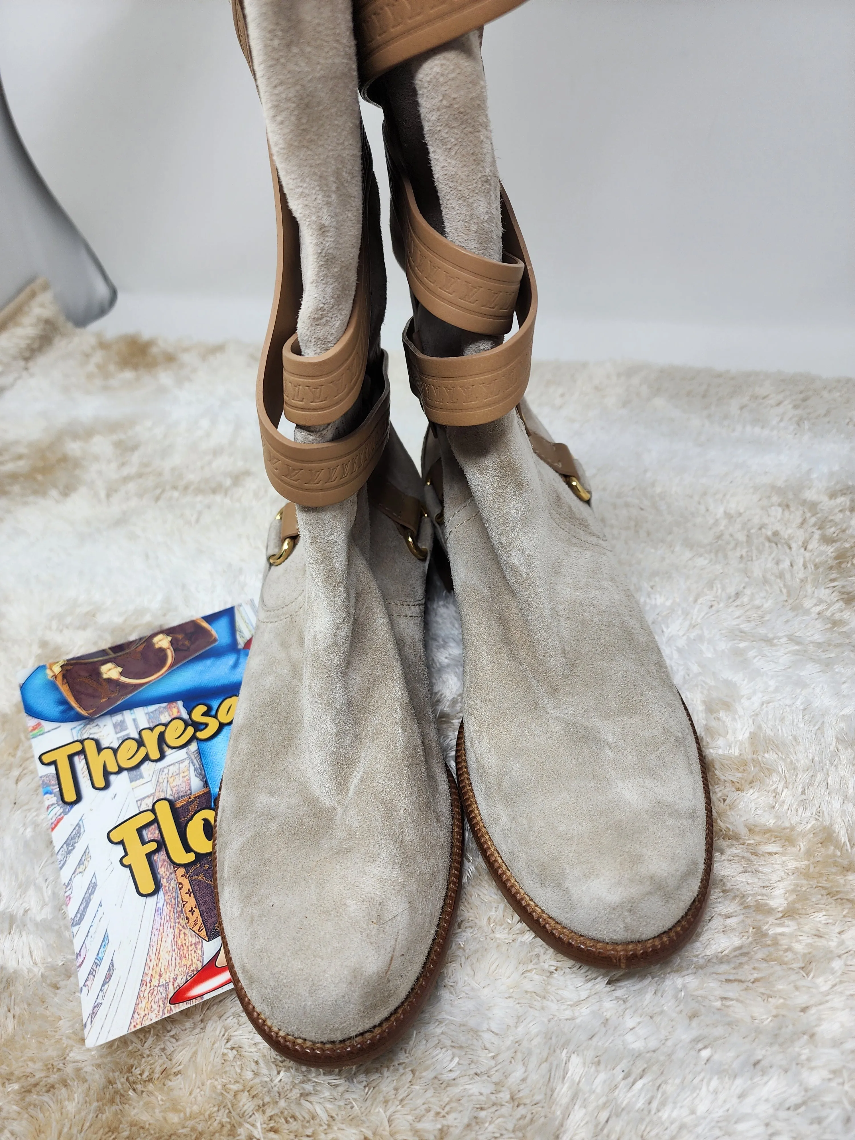 LOUIS VUITTON BEIGE SUEDE CRISS CROSS BUCKLE BOOTS - 39