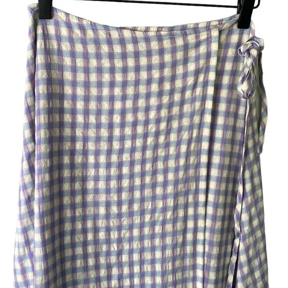 L*Space Anza Gingham Wrap Tie Maxi Midi Skirt or Coverup A-Line Cotton Blend