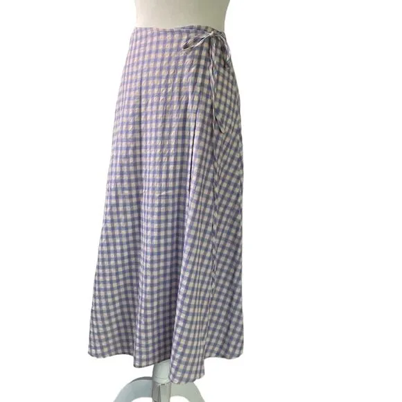 L*Space Anza Gingham Wrap Tie Maxi Midi Skirt or Coverup A-Line Cotton Blend