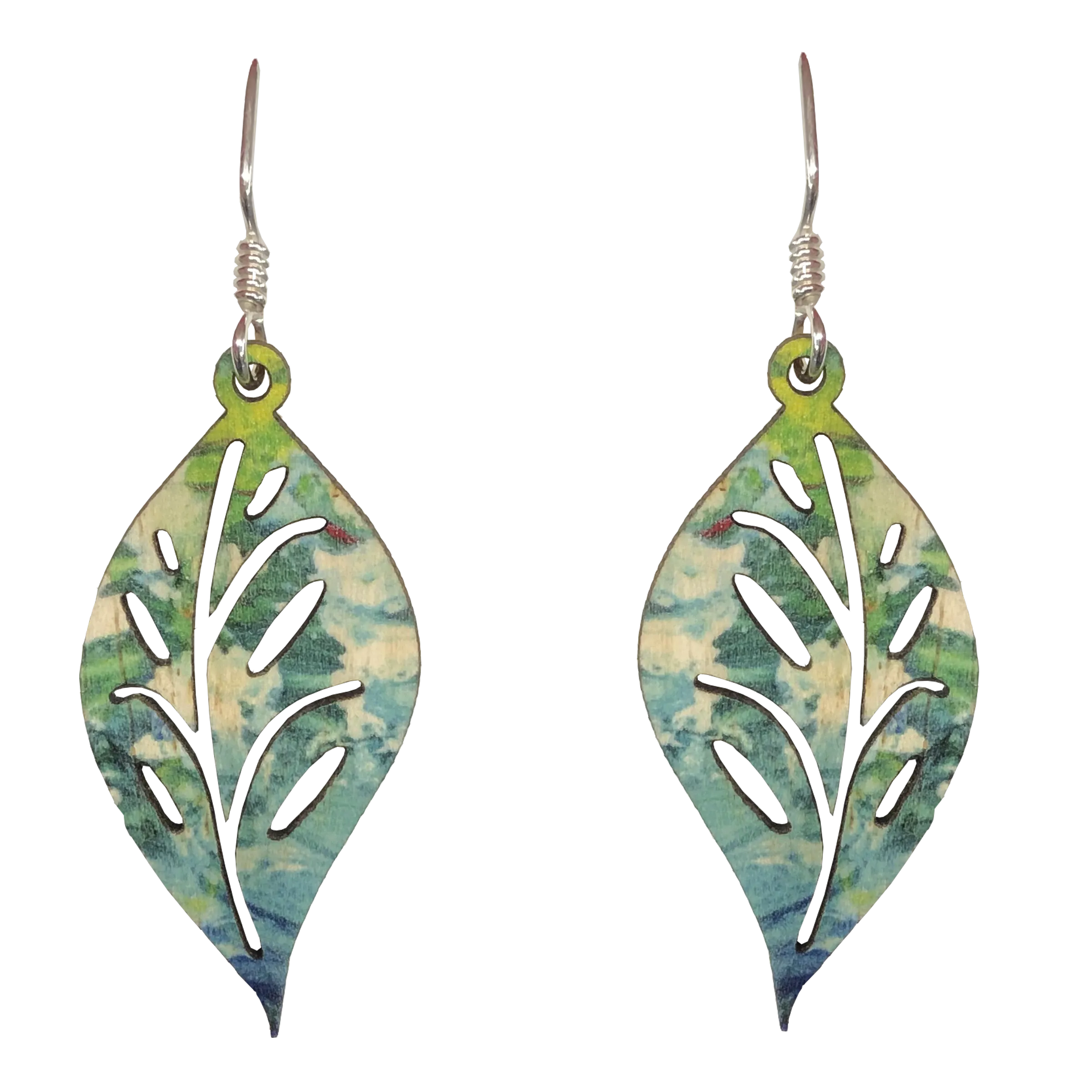 Mandala Green Leaf Earrings, Wood, Sterling Silver Earwires, Made in the U.S.A.
