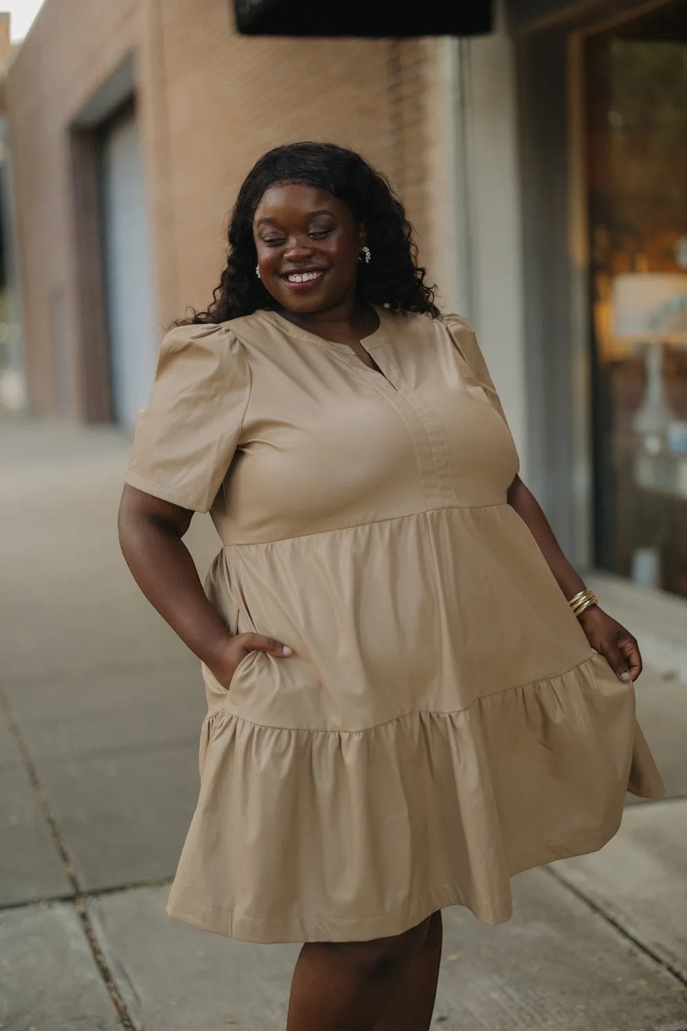 Mayci Short Sleeve Leather Dress in Tan (S-3XL)