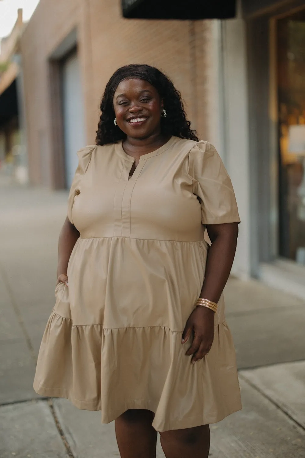 Mayci Short Sleeve Leather Dress in Tan (S-3XL)