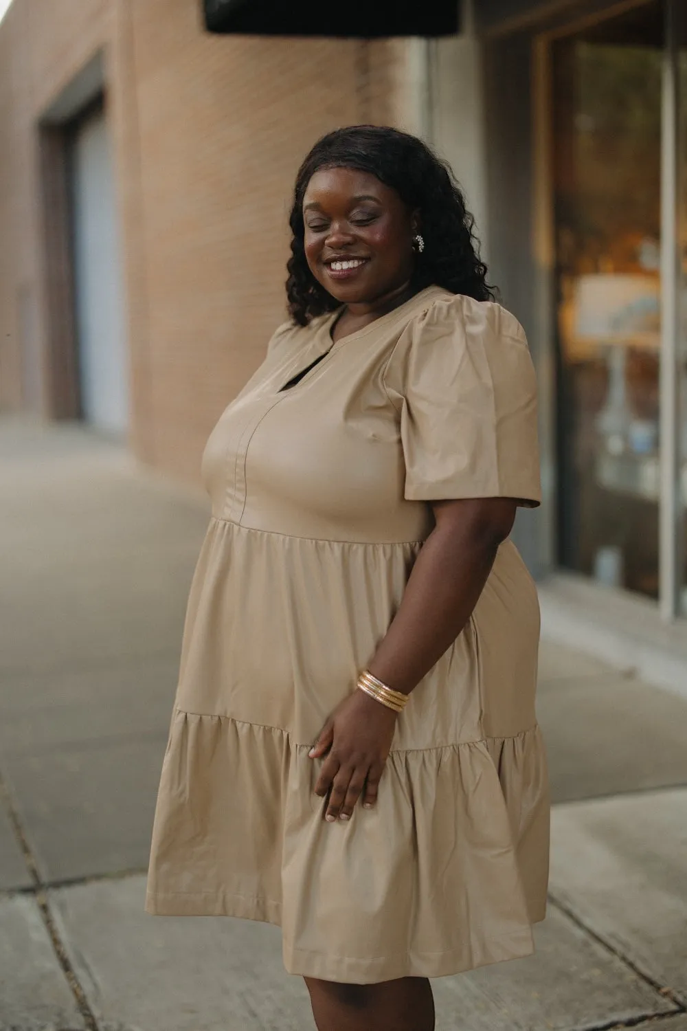 Mayci Short Sleeve Leather Dress in Tan (S-3XL)