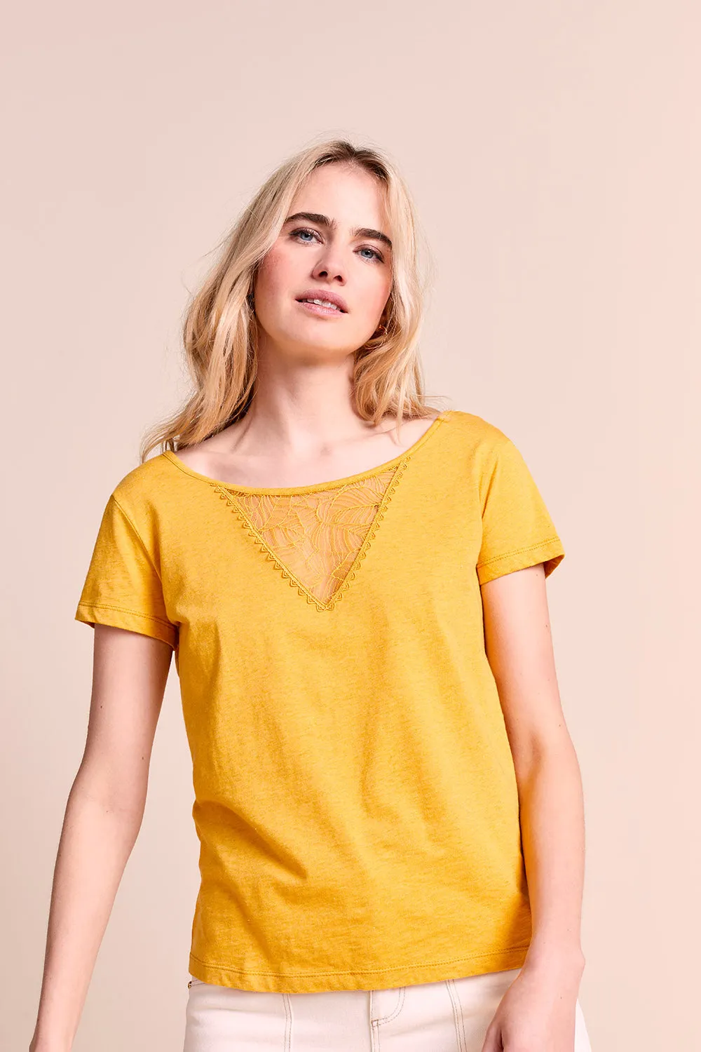 MICK - T-shirt miel bi matière à dentelle