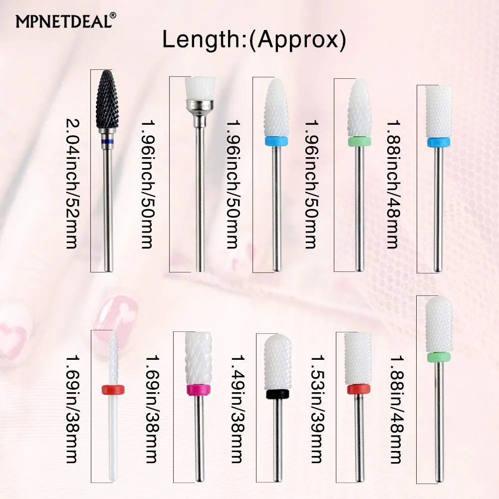 MPNETDEAL Ceramic Nail Drill Bits Set 10Pcs, Durable Less Dust, 3/32 inch for Acrylic Gel Nails Cuticle Manicure, Professional Acrylic Nail File Drill Bit