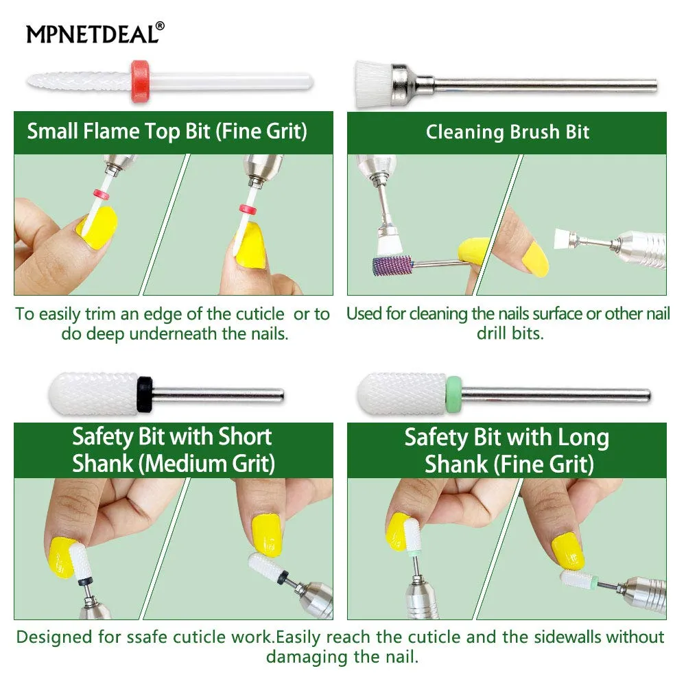 MPNETDEAL Ceramic Nail Drill Bits Set 10Pcs, Durable Less Dust, 3/32 inch for Acrylic Gel Nails Cuticle Manicure, Professional Acrylic Nail File Drill Bit