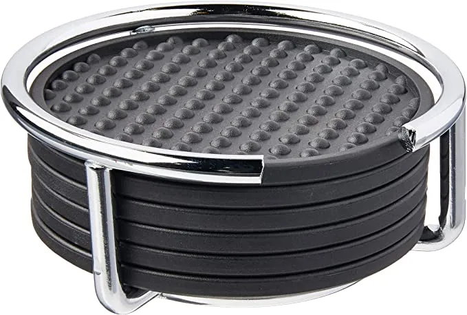 New Spectrum Diversified Euro Flexible Coasters with Stand, Set of 6, Chrome & Black