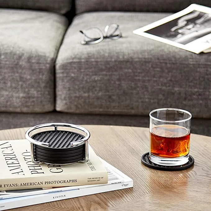 New Spectrum Diversified Euro Flexible Coasters with Stand, Set of 6, Chrome & Black