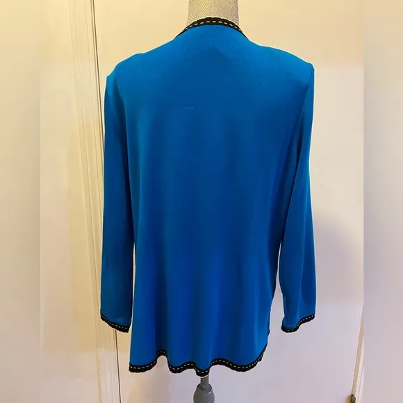 NWT Misook Blue Open Front Cardigan/Jacket with Black/White Trim, Size L