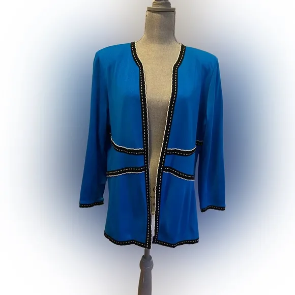 NWT Misook Blue Open Front Cardigan/Jacket with Black/White Trim, Size L