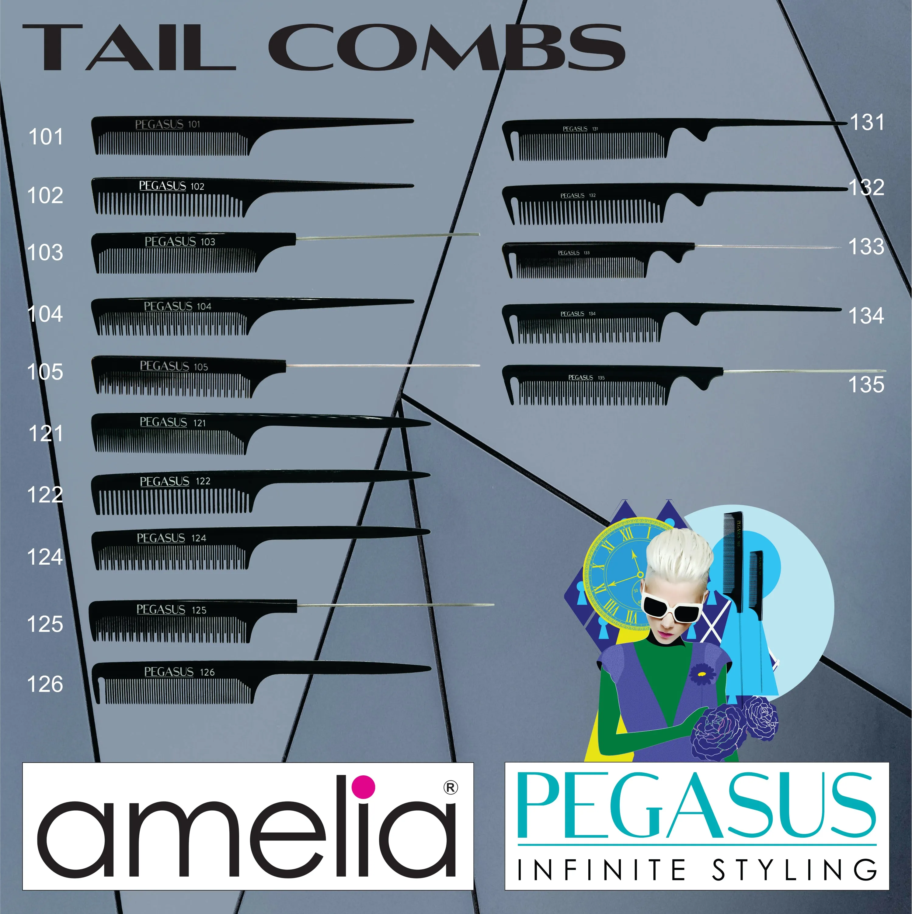 Pegasus 123, 9.75in Hard Rubber Fine Tooth Pintail Comb, Seamless, Anti Static, Heat and Chemically Resistant, Stainless Steel Pin, Great for Parting, Coloring Hair | Peines de goma dura - Black