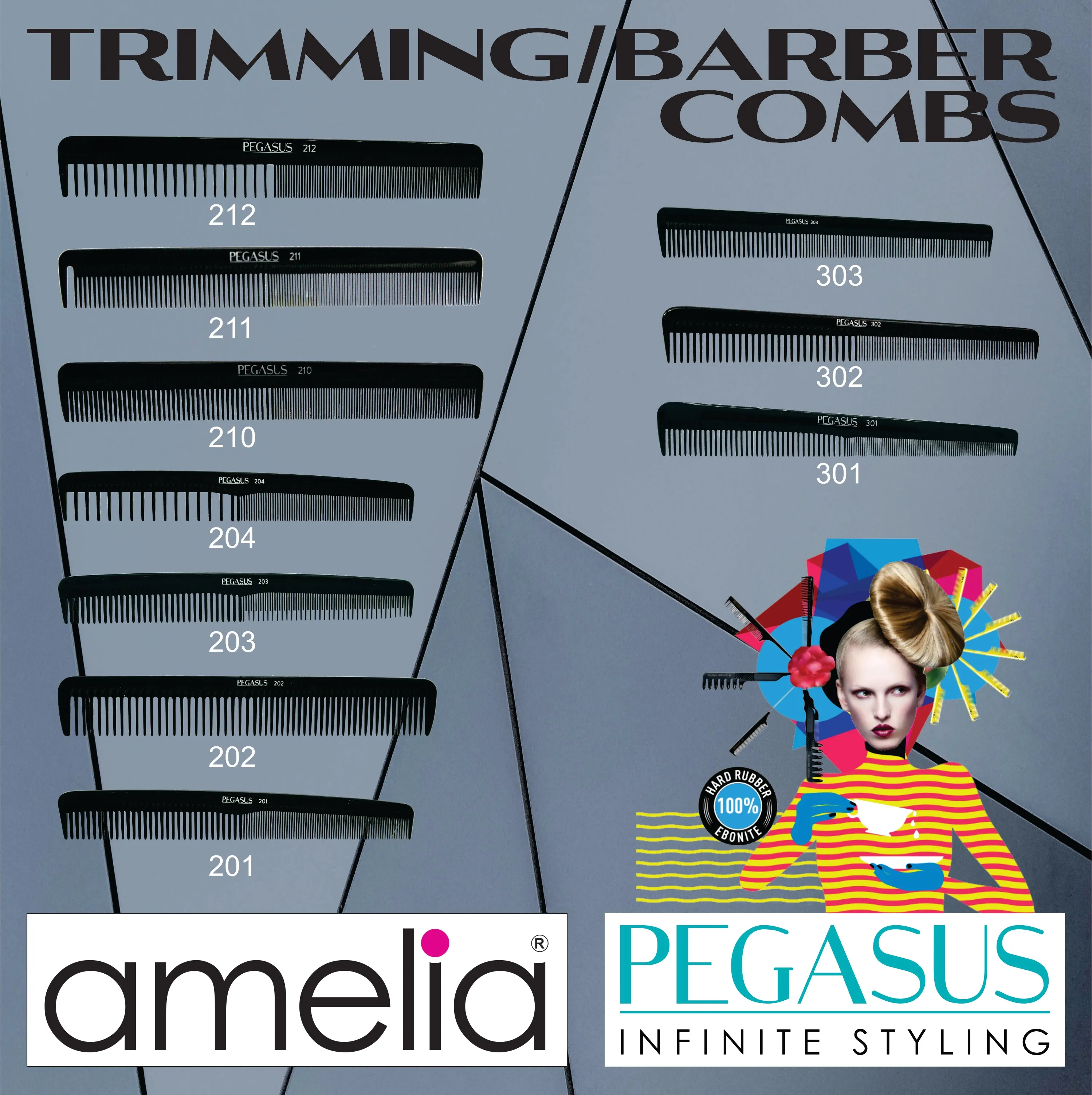 Pegasus 201, 7in Hard Rubber Hair Detangling/Trimmer Comb, Handmade, Seamless, Smooth Edges, Anti Static, Heat and Chemically Resistant, Wet Hair, Everyday Grooming Comb | Peines de goma dura - Black