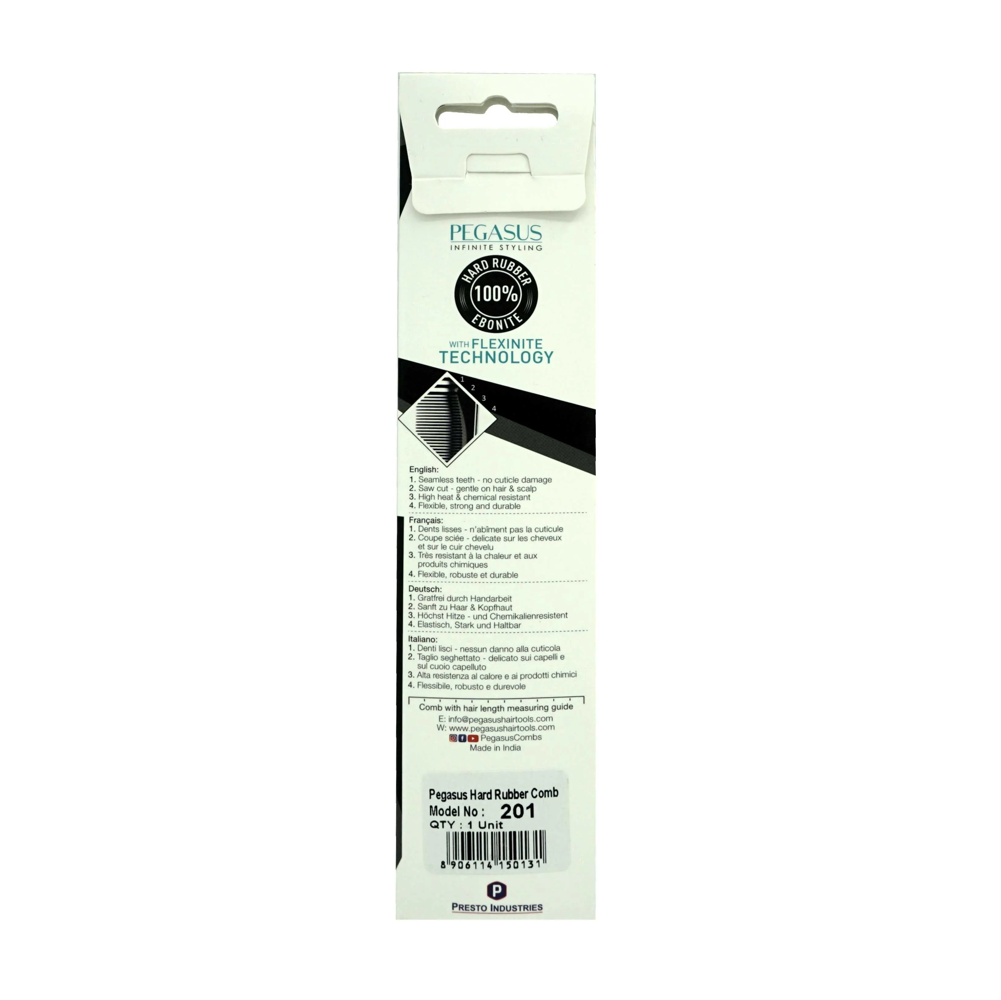 Pegasus 201, 7in Hard Rubber Hair Detangling/Trimmer Comb, Handmade, Seamless, Smooth Edges, Anti Static, Heat and Chemically Resistant, Wet Hair, Everyday Grooming Comb | Peines de goma dura - Black