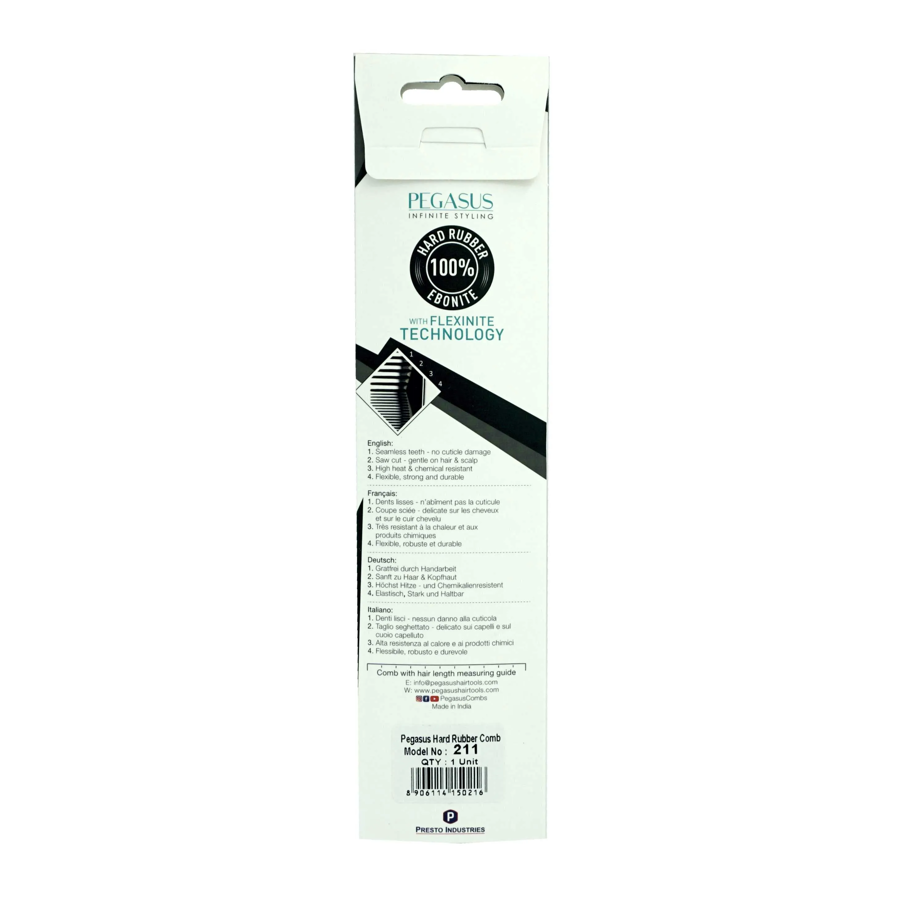 Pegasus 211, 9in Hard Rubber Cutting Comb With Sectioning Tooth and Inch Marks, Anti Static, Heat and Chemically Resistant, Wet Hair, Everyday Grooming Comb | Peines de goma dura - Black