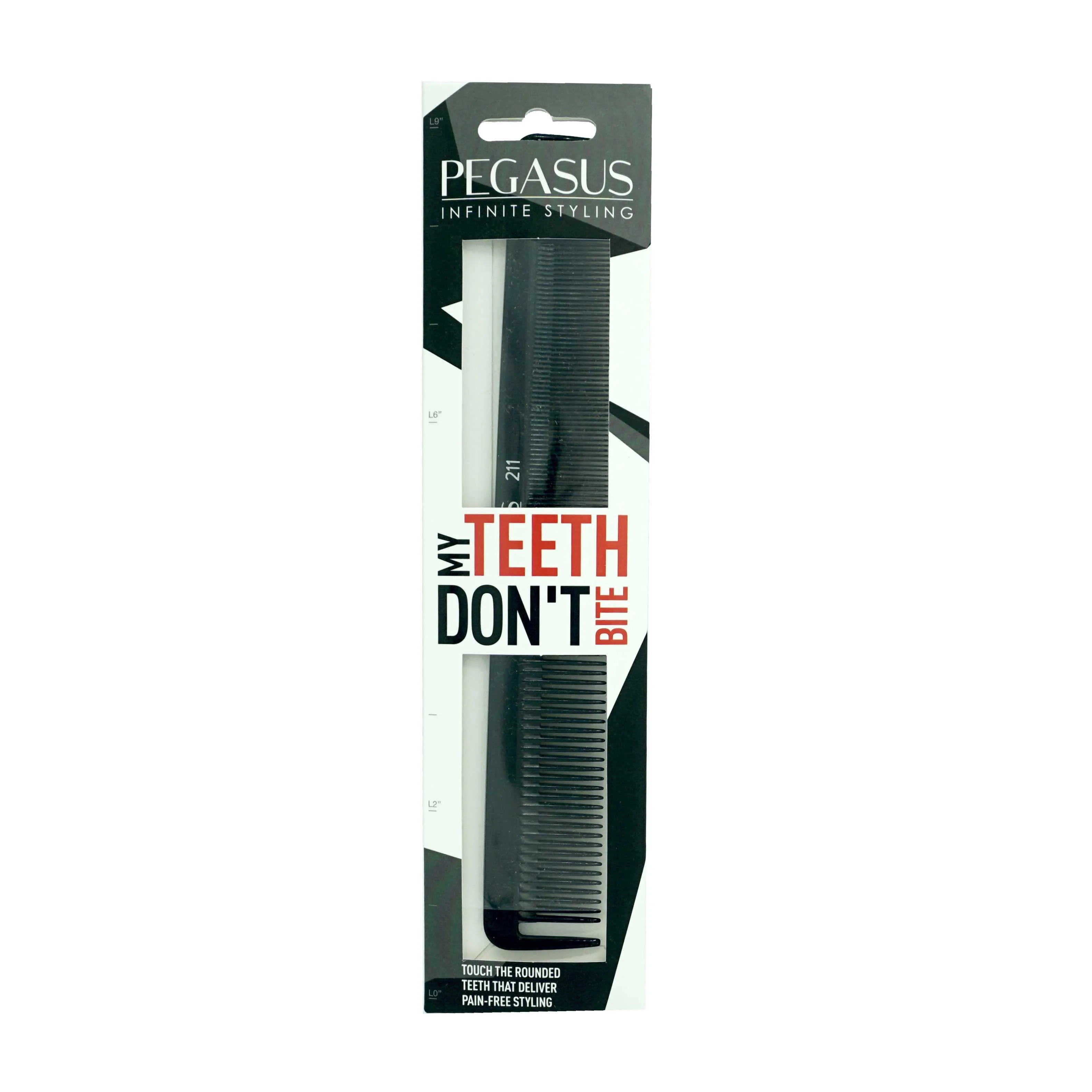 Pegasus 211, 9in Hard Rubber Cutting Comb With Sectioning Tooth and Inch Marks, Anti Static, Heat and Chemically Resistant, Wet Hair, Everyday Grooming Comb | Peines de goma dura - Black
