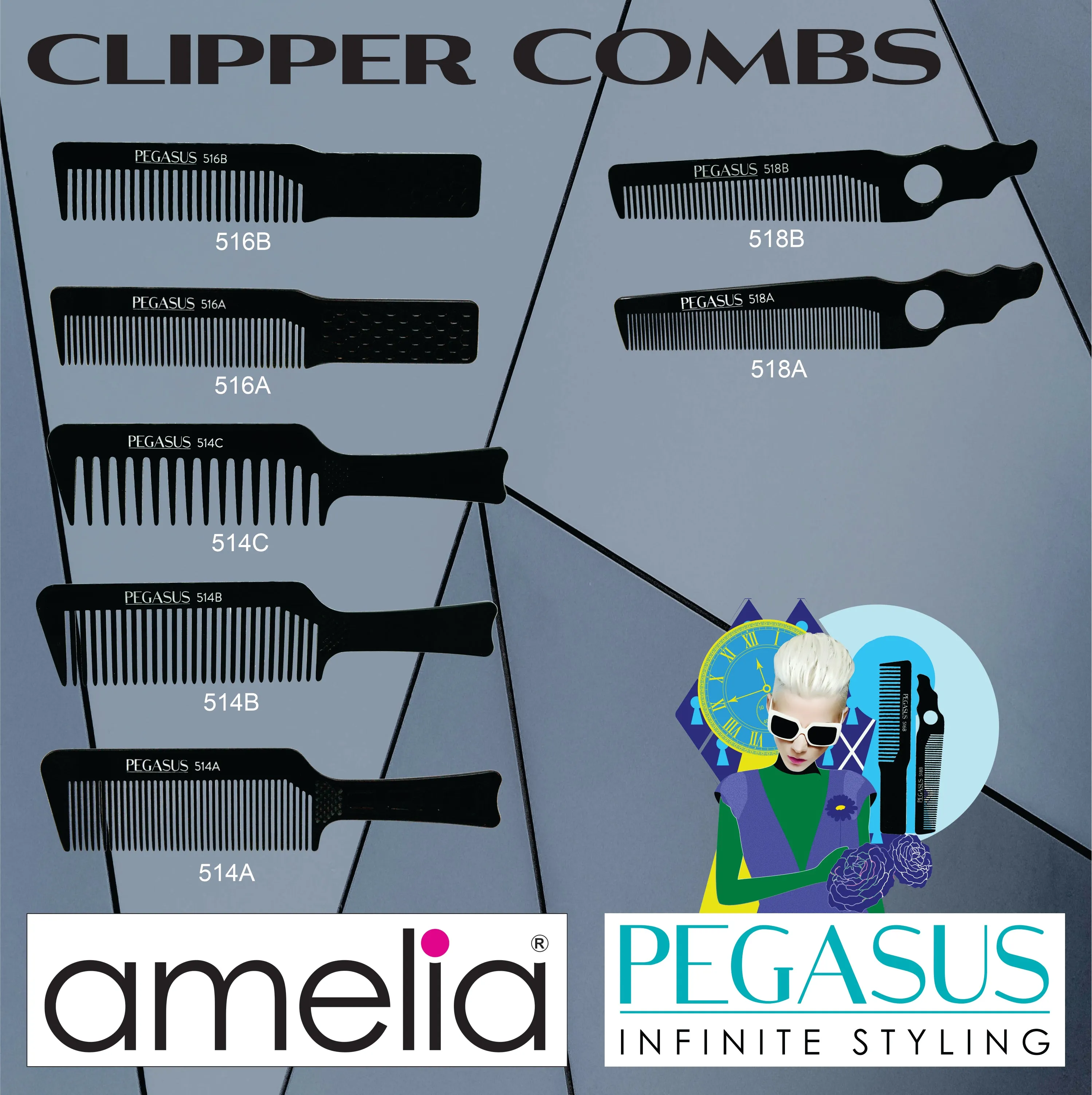 Pegasus 518B, 8in Hard Rubber Course Tooth Barber Clipper Comb, Handmade, Seamless, Smooth Edges, Anti Static, Heat and Chemically Resistant Comb | Peines de goma dura - Black