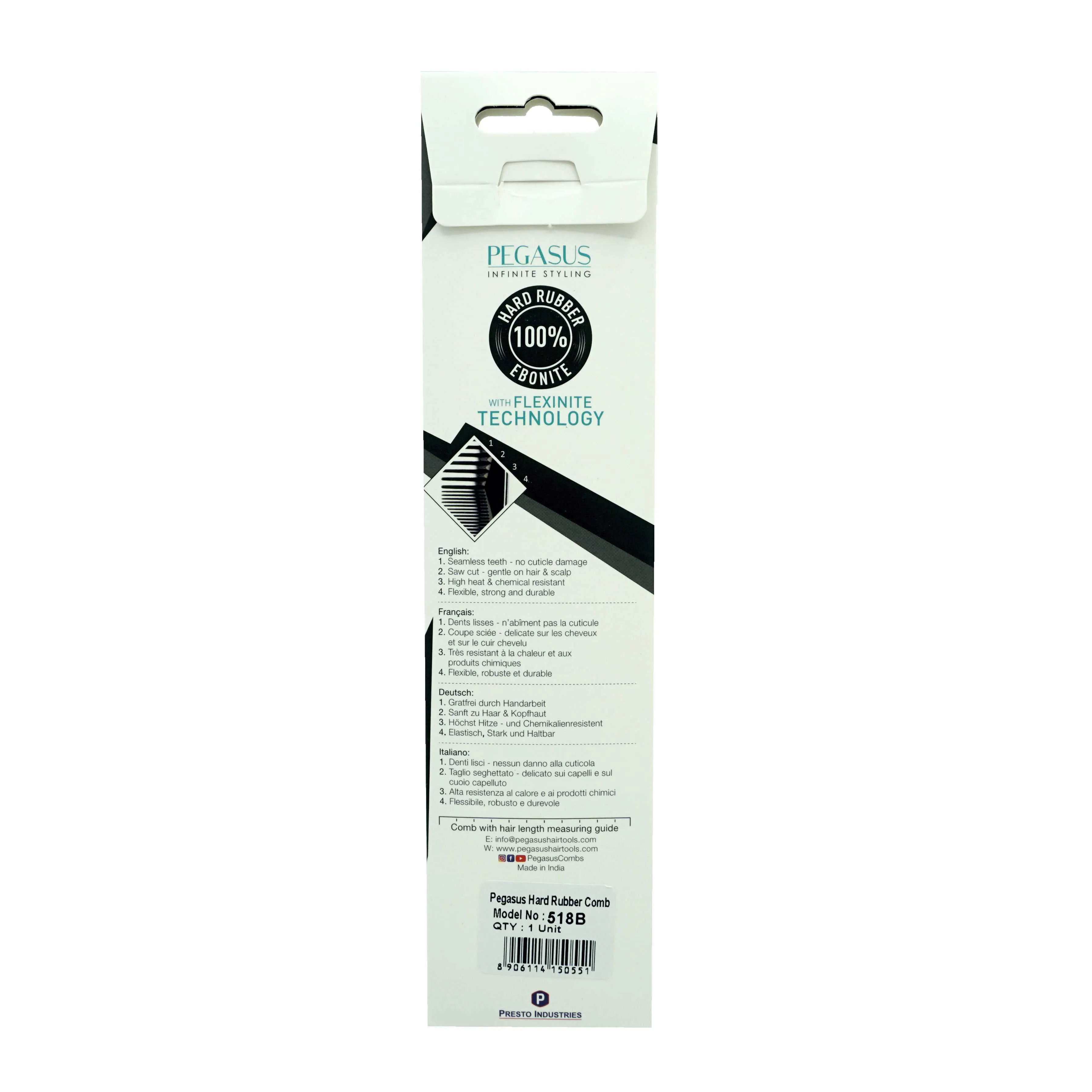Pegasus 518B, 8in Hard Rubber Course Tooth Barber Clipper Comb, Handmade, Seamless, Smooth Edges, Anti Static, Heat and Chemically Resistant Comb | Peines de goma dura - Black