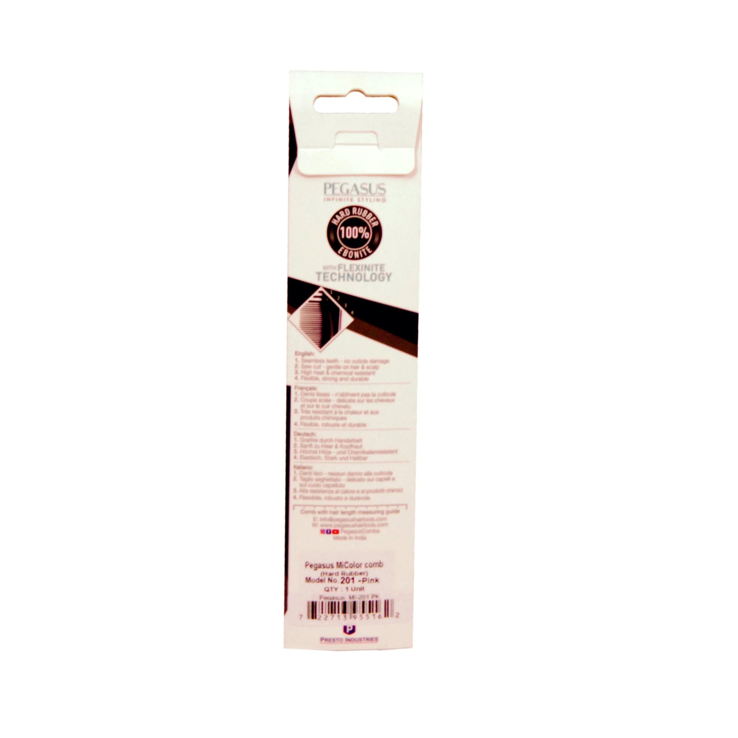 Pegasus MICOLOR 201, 7in Hard Rubber Hair Detangling/Trimmer Comb, Handmade, Seamless, Smooth Edges, Anti Static, Heat and Chemically Resistant, Wet Hair, Everyday Grooming Comb | Peines de goma dura - Pink