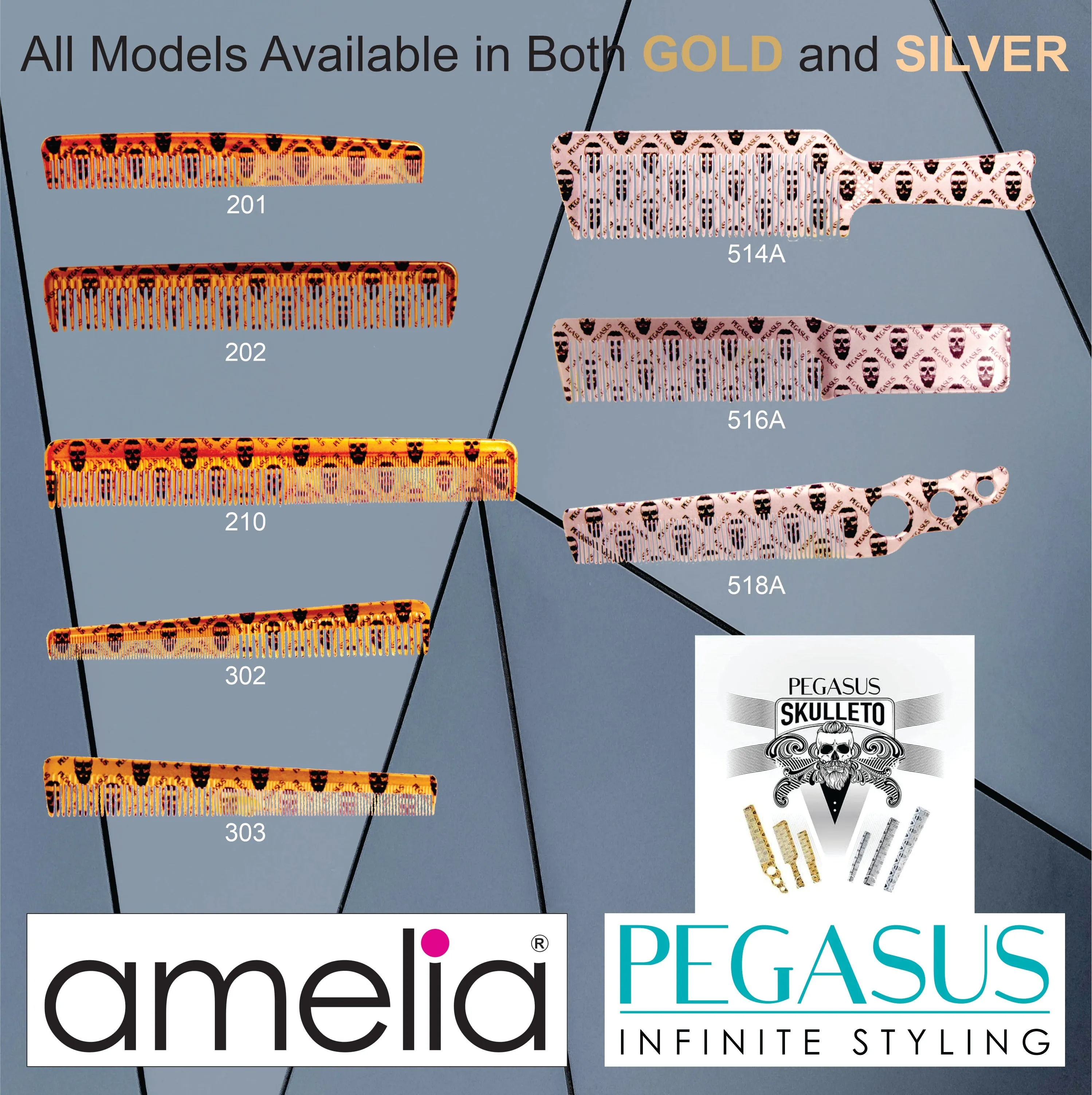 Pegasus Skulleto 201, 7in Hard Rubber Hair Detangling/Trimmer Comb, Handmade, Seamless, Smooth Edges, Anti Static, Heat and Chemically Resistant, Wet Hair, Everyday Grooming Comb | Peines de goma dura - Silver
