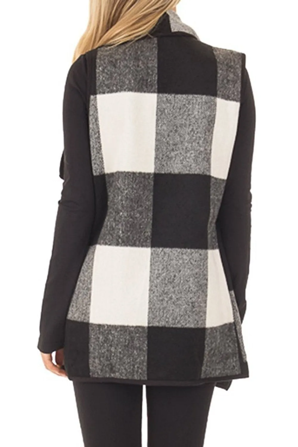 Prairie Waterfall Black and White Buffalo Plaid Cardigan Vest