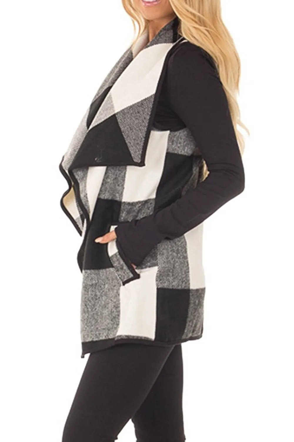 Prairie Waterfall Black and White Buffalo Plaid Cardigan Vest