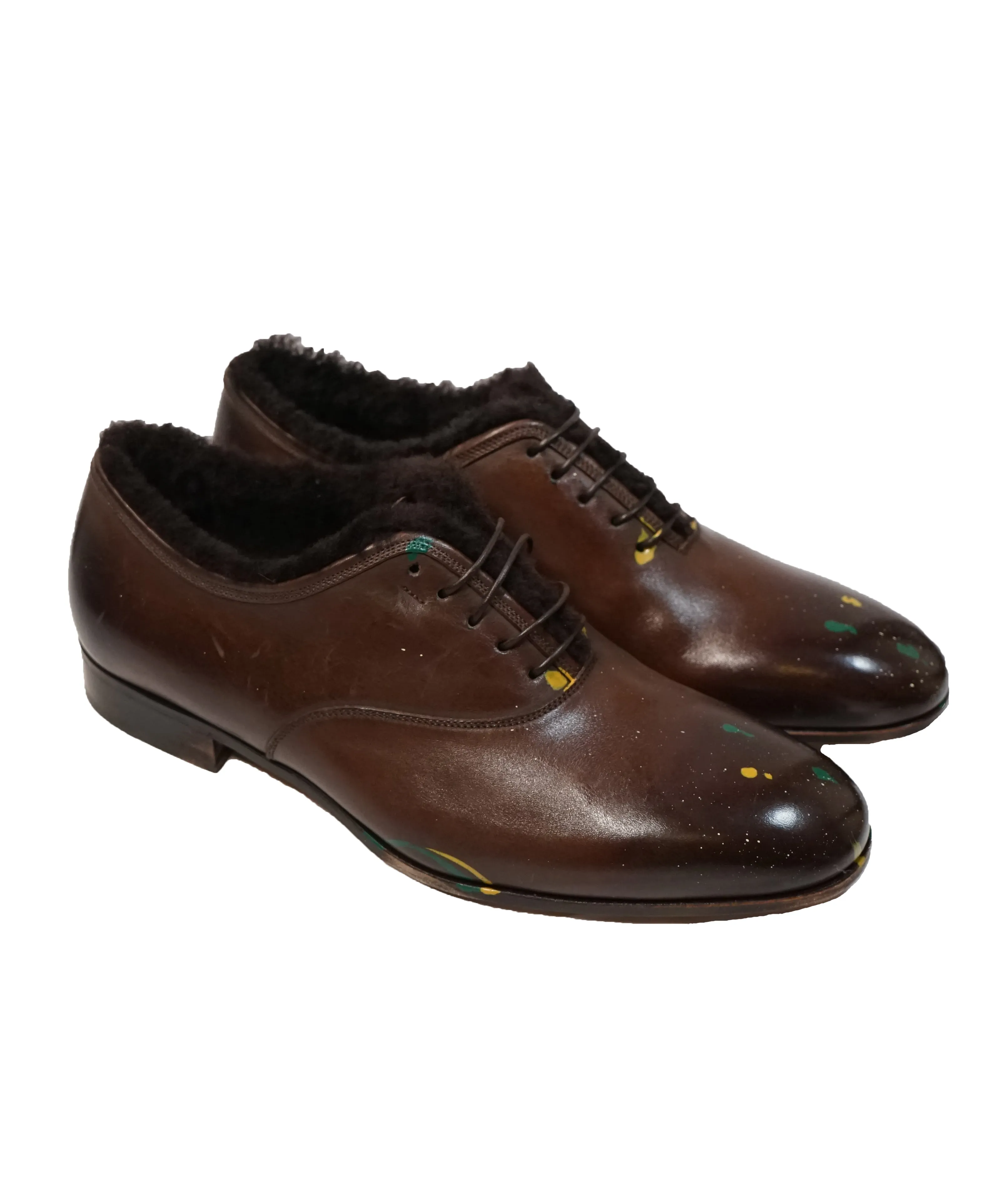SALVATORE FERRAGAMO - Shearling Lined Paint Splatter Oxfords - 7