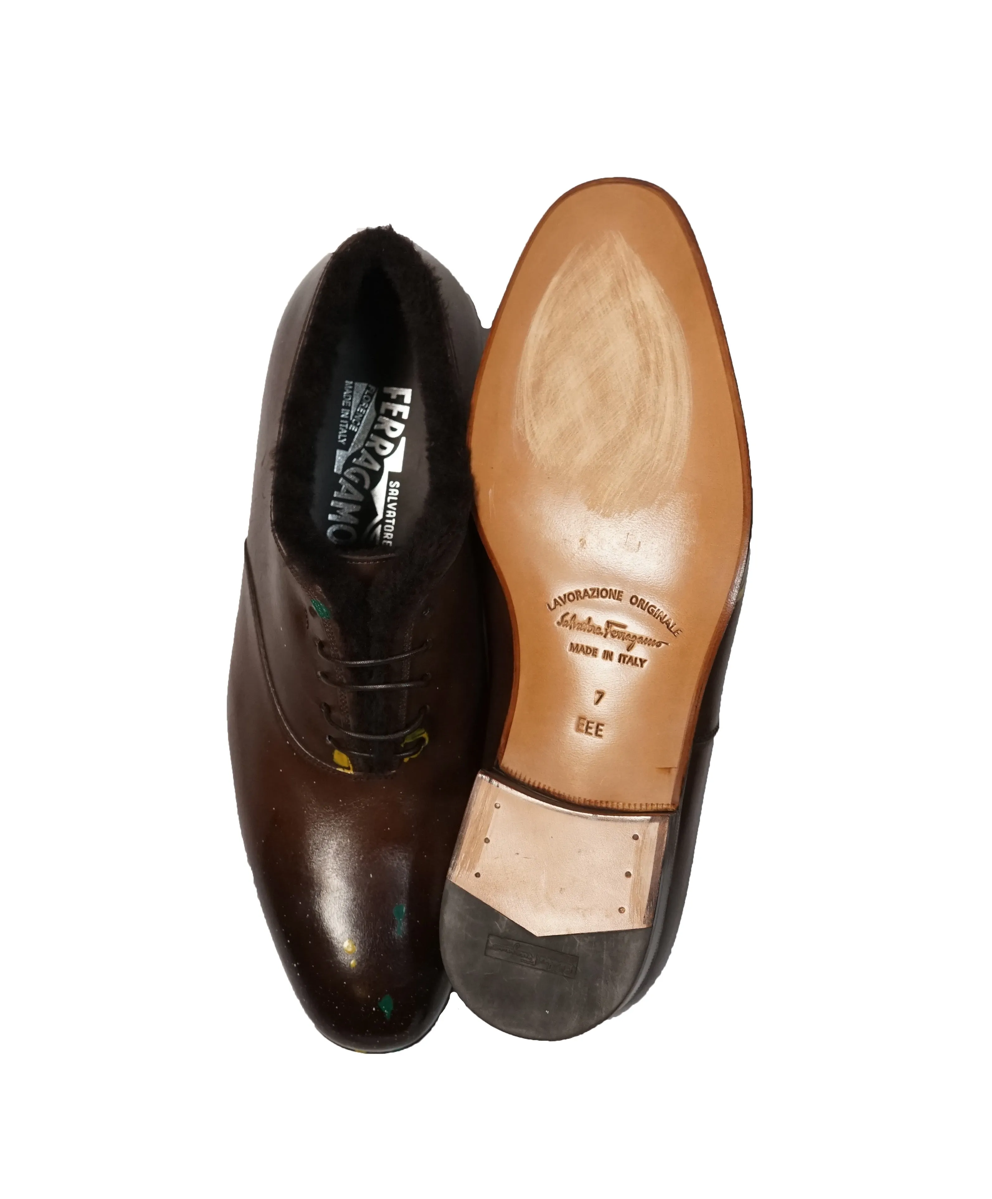 SALVATORE FERRAGAMO - Shearling Lined Paint Splatter Oxfords - 7