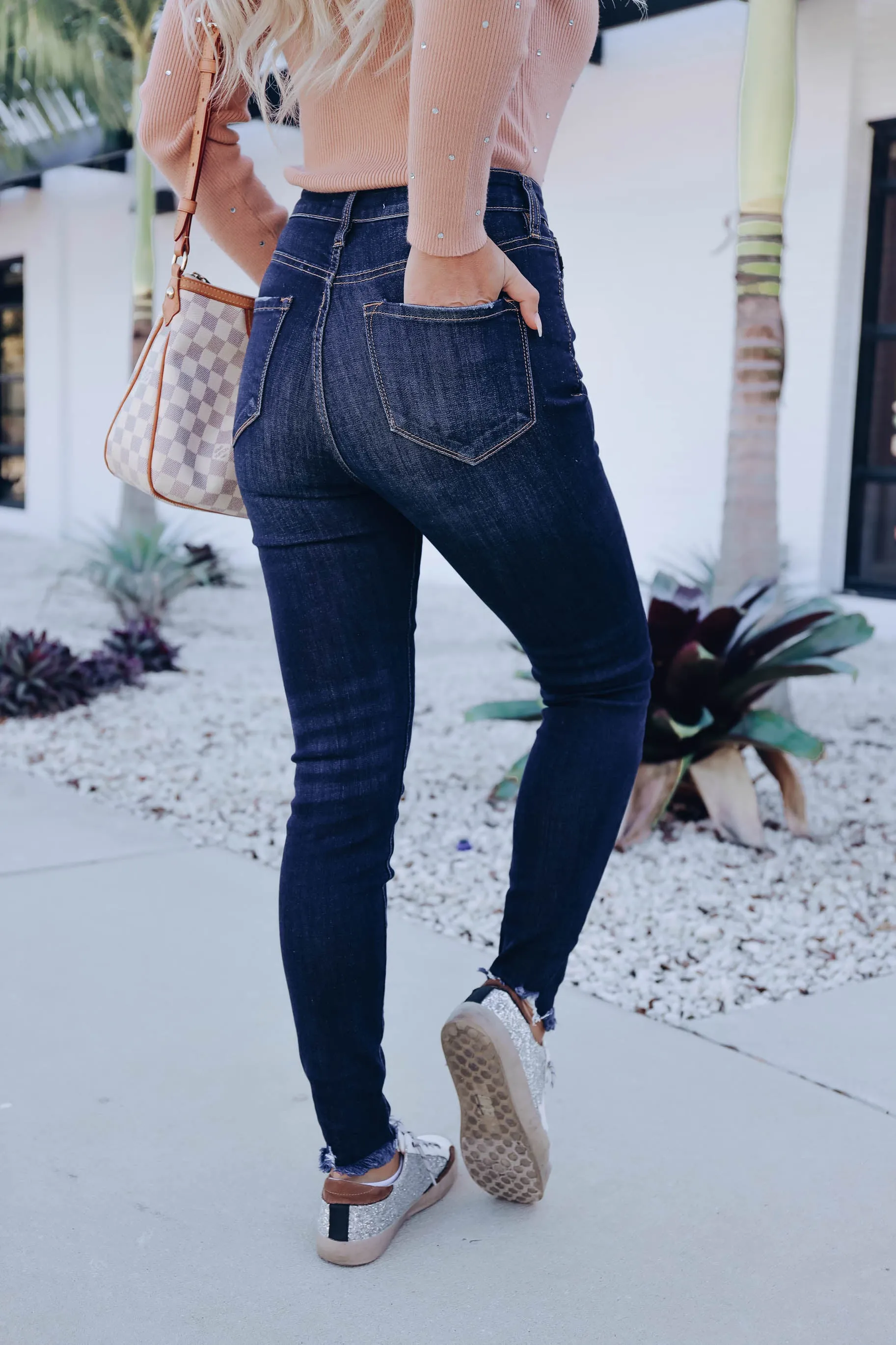 Savvy Frayed Hem Skinny Jeans - Dark