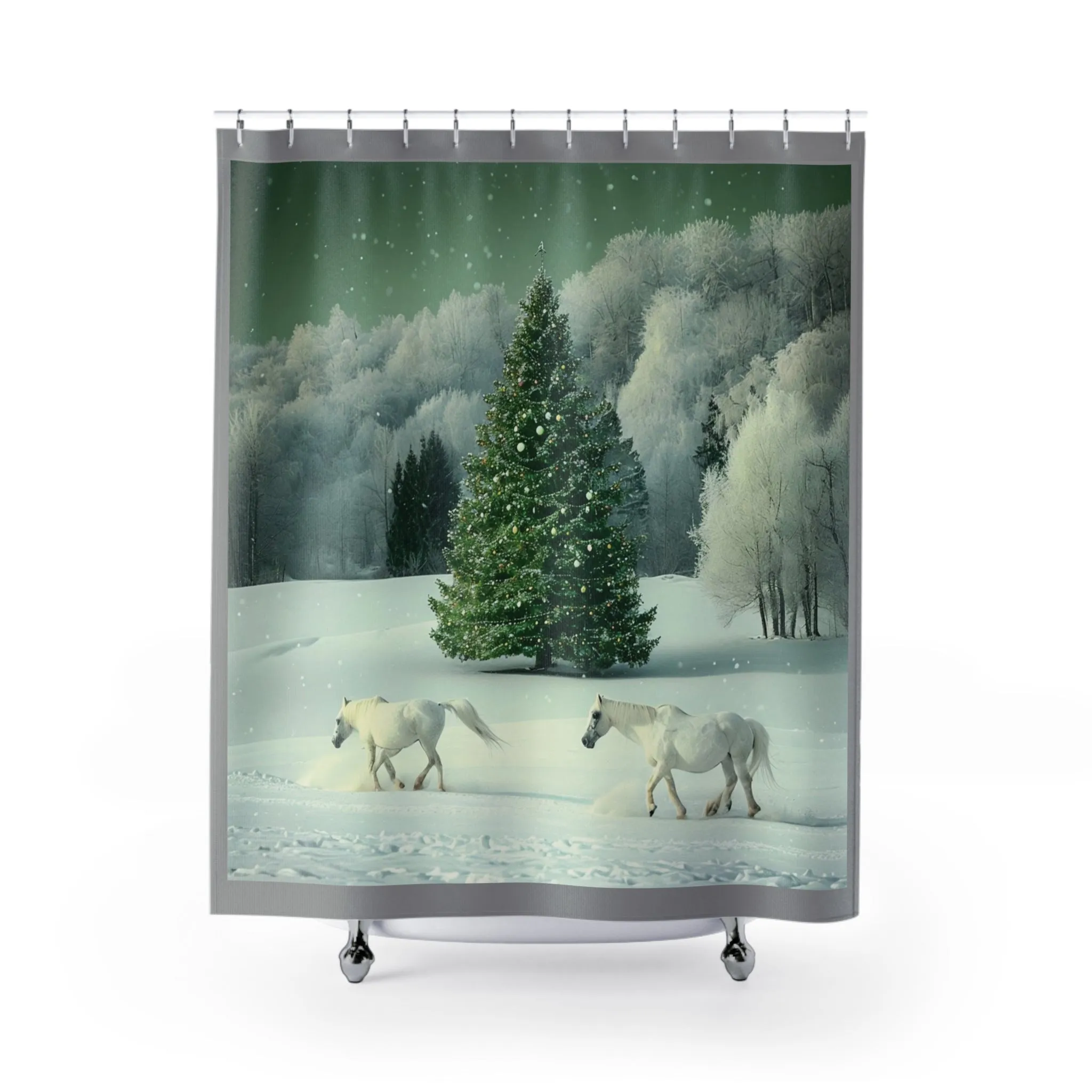 Snowy White Horse Christmas Tree Winter Shower Curtain