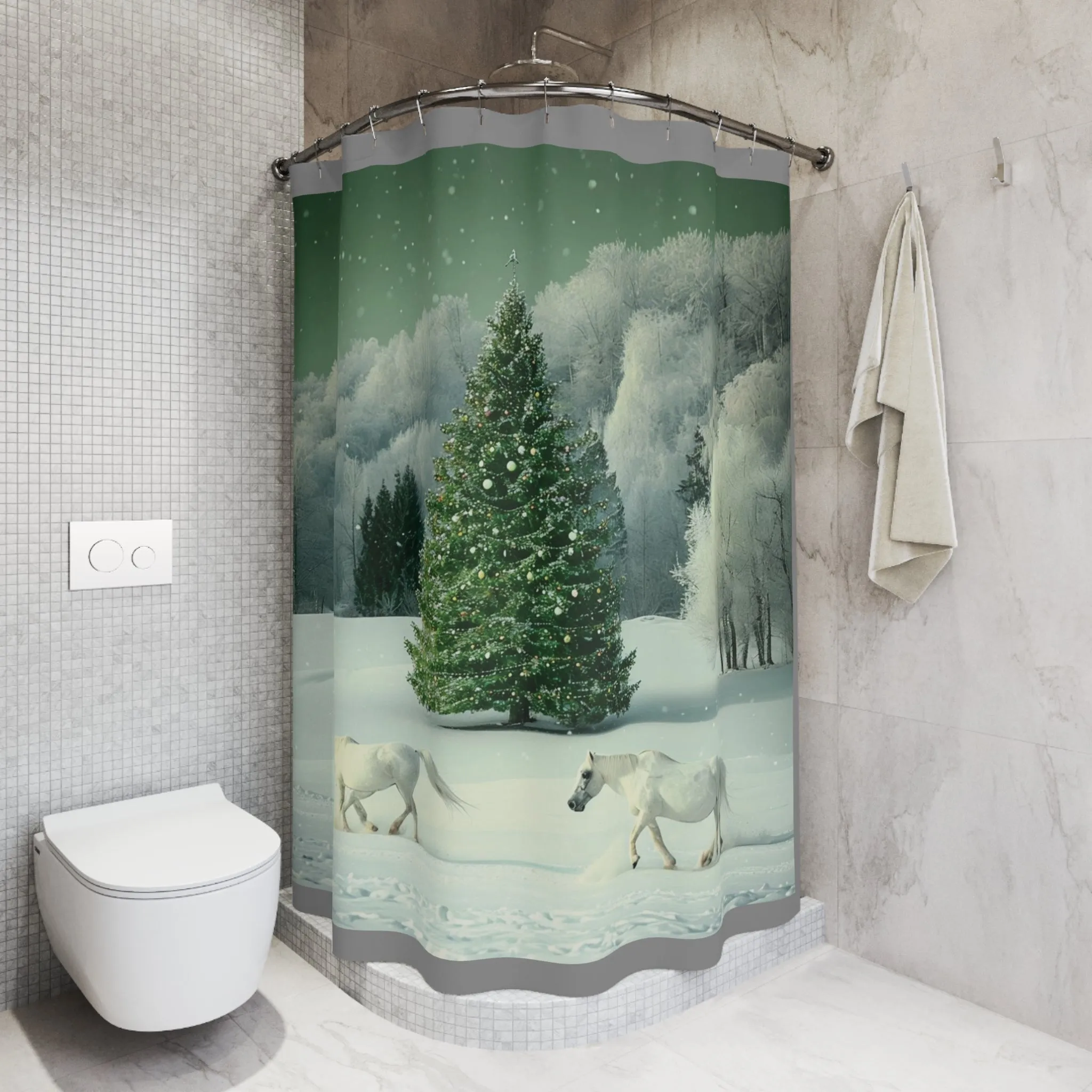 Snowy White Horse Christmas Tree Winter Shower Curtain