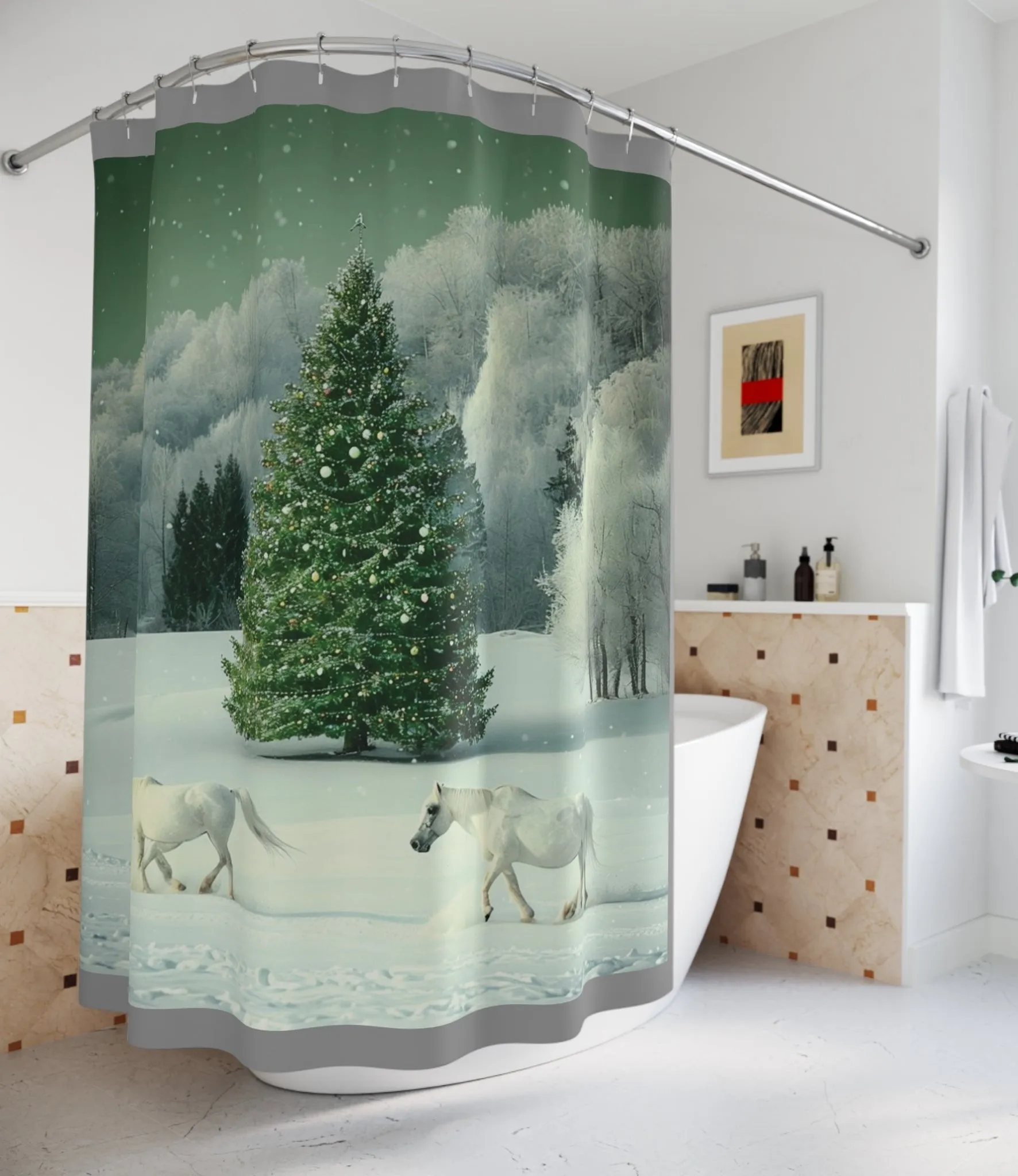 Snowy White Horse Christmas Tree Winter Shower Curtain