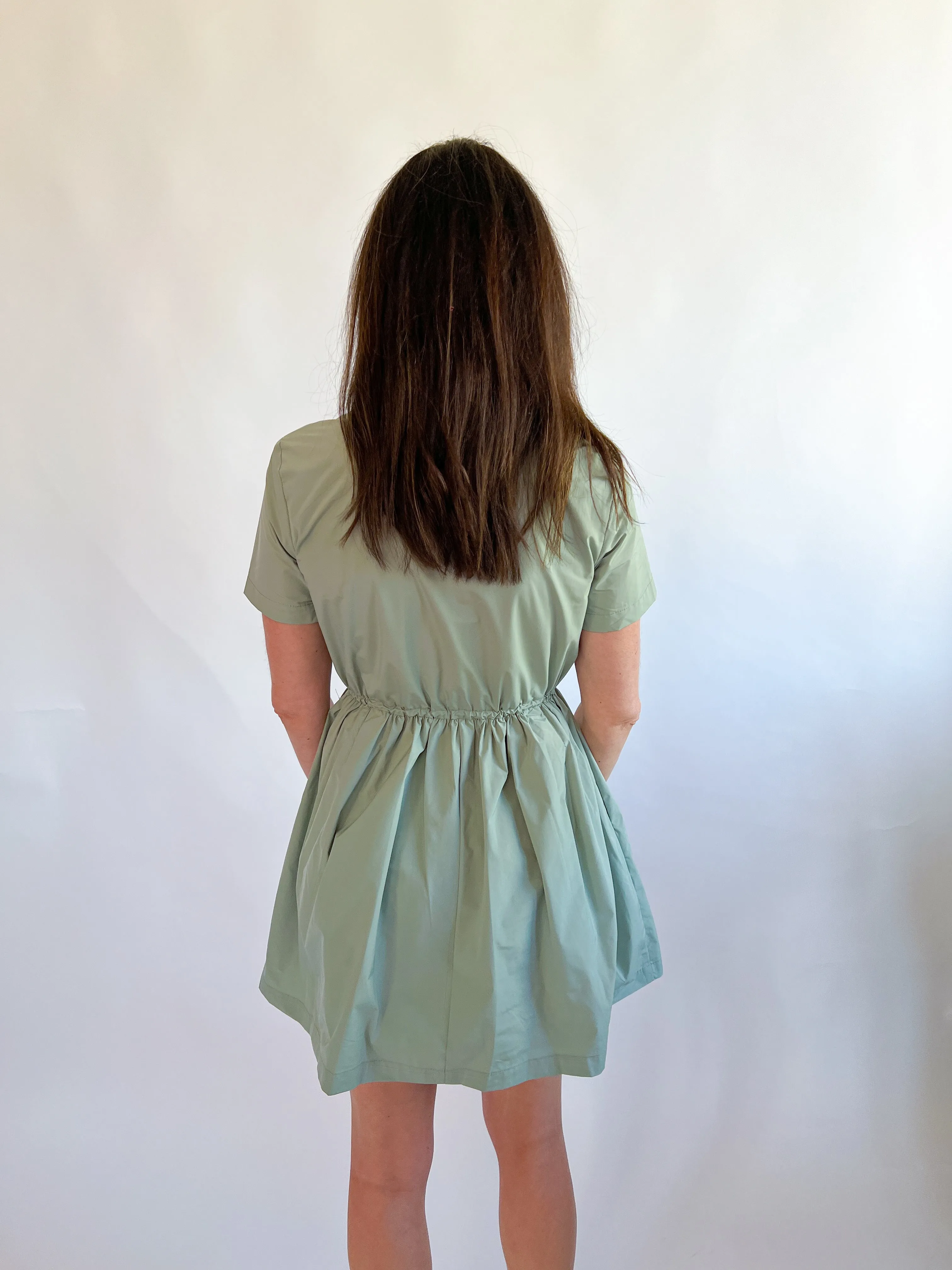 Solid Pocket Cinch Waist Dress