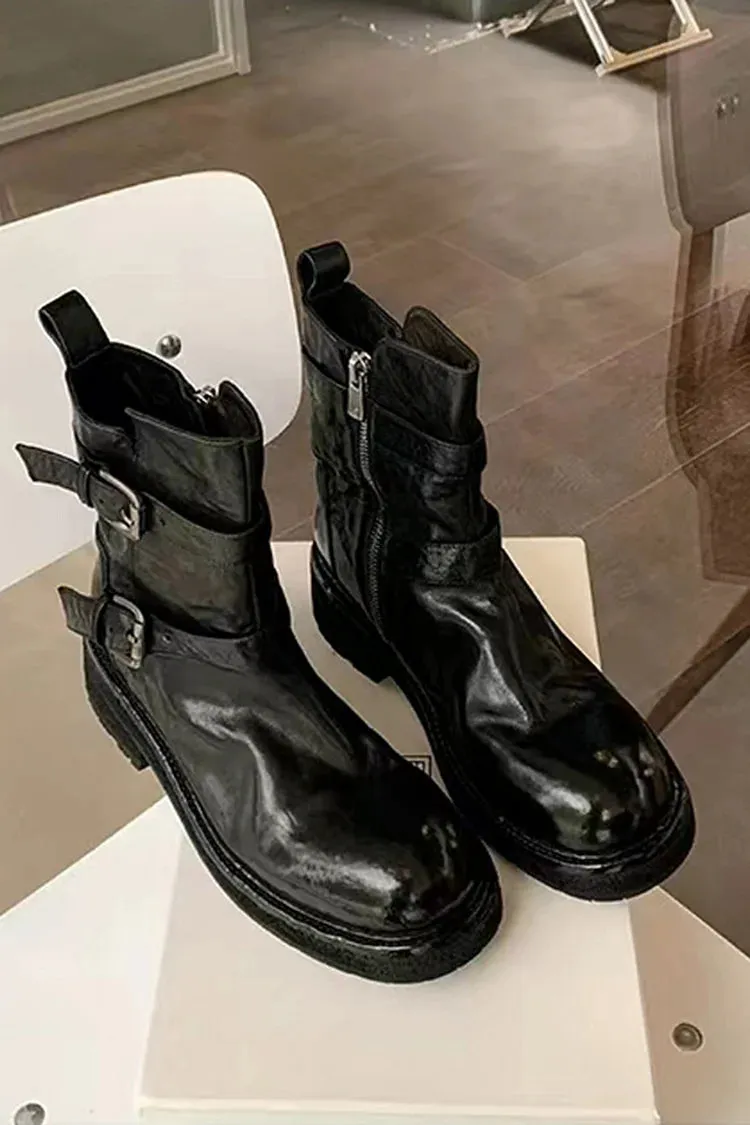 Stivaletti alla caviglia con cerniera tinta unita, punta tonda, due cinturini e fibbie 