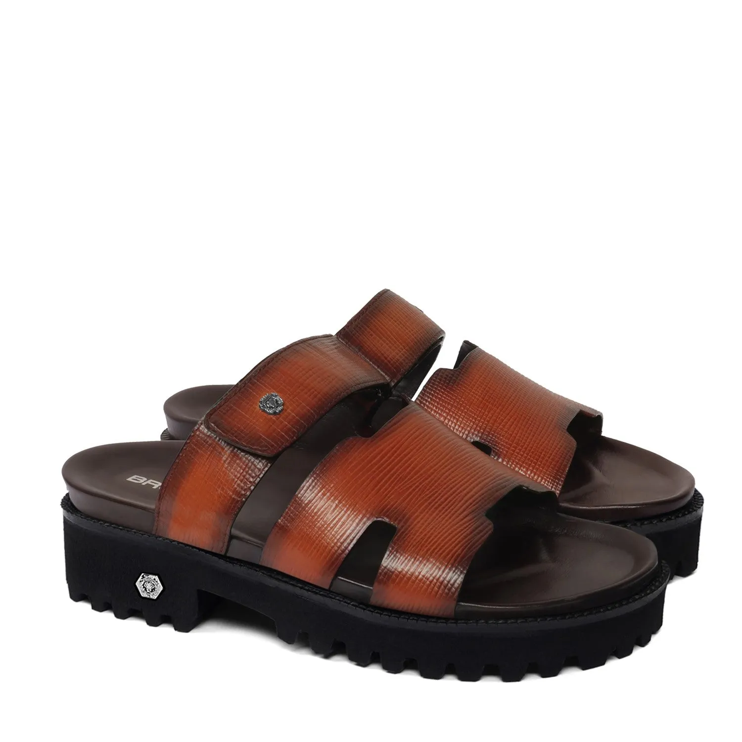 Tan Saffiano Leather Super Chunky Slide-in Slippers