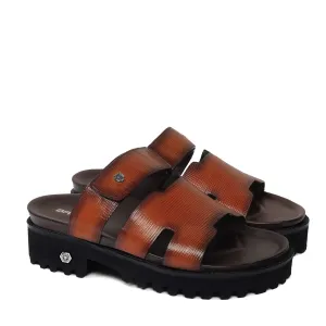Tan Saffiano Leather Super Chunky Slide-in Slippers