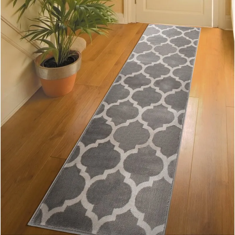 Tapiso Hall Runner Trellis in Grey Fume/White Modern Durable, Interior! 2 Ft 2" X 6 Ft!