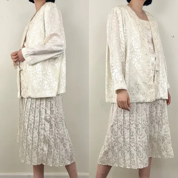 Vintage Jo Hanna York White Floral Satin 3-Piece Skirt Set